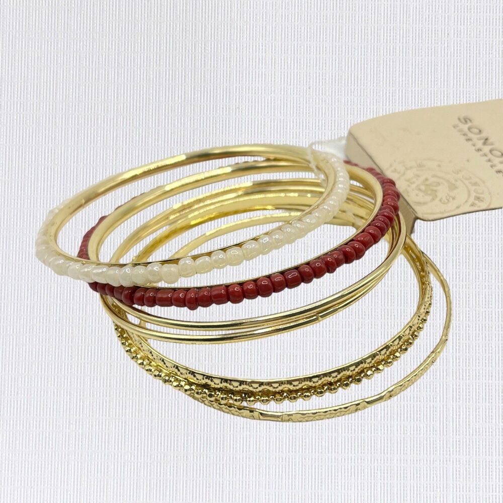 Sonoma Gold Tone Bangle Bracelet Set Red White Beaded Stackable Boho Jewelry NEW